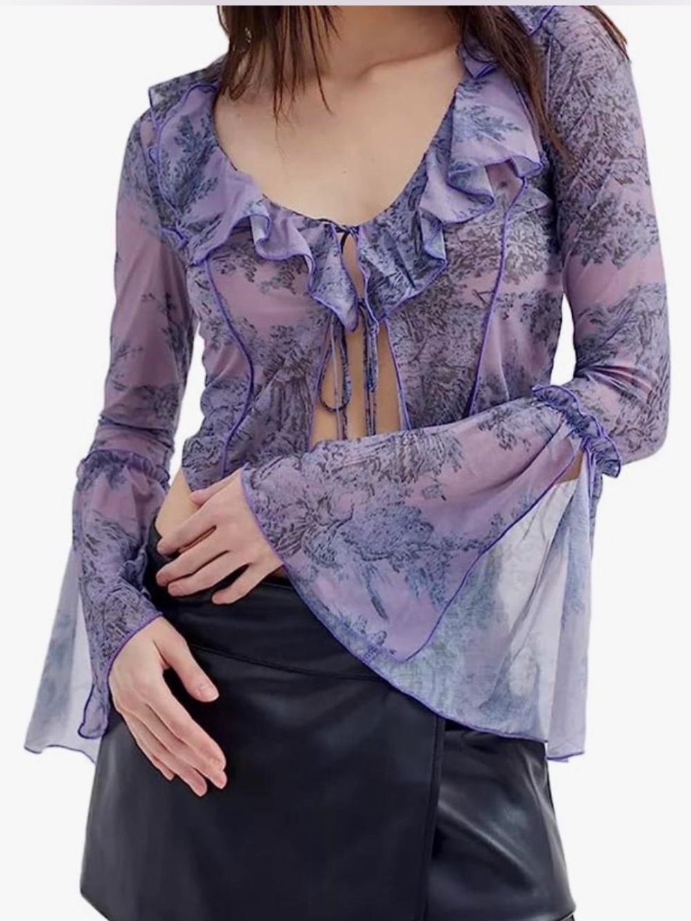 Urban Outfitters boho bell sleeve  Lavender Sheer Ruffle Tie-Front Blouse